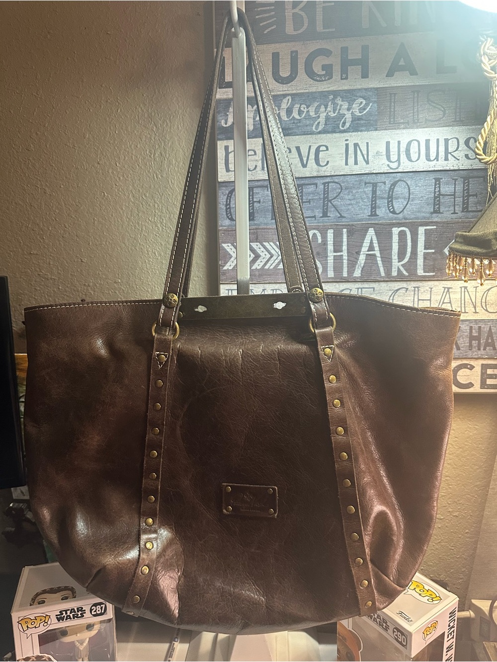 Classic Women's Brown Leather Tote Bag with Studded Straps
